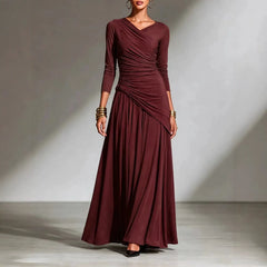 Elegant Long Sleeve Maxi Dress, Surplice V Neck Side Ruched Asymmetrical Flowy Gown
