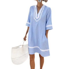 Vertical Striped V Neck Midi Dress