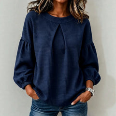 Waffle Knit Round Neck Blouse Pleated Front Balloon Long Sleeve Loose Casual Top