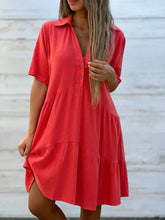 Solid Lapel Half Button Short Sleeve Loose Tiered Cotton Linen Midi Shirt Dress