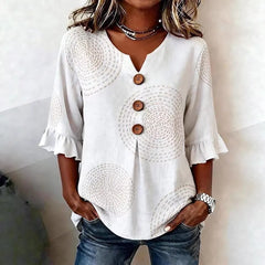 Round Neck Floral Printed Single Breasted 3/4 Ruffle Sleeve Loose Blouse