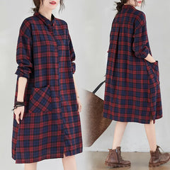 Loose Plaid Cotton Shirt Midi Dress