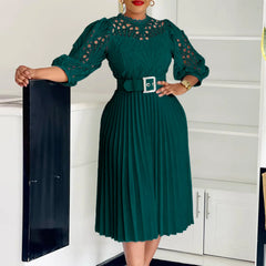 Lace Patchwork Pleated Midi Dress