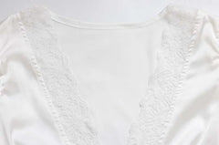 Cream Satin Lace Trim V-Neck Tie Front Blouse