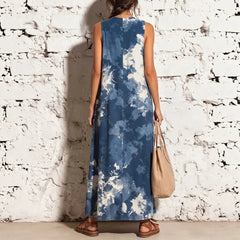Blue Tie-Dye Sleeveless Loose Maxi Dress