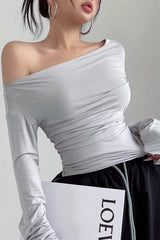 Oblique Shoulder Long Sleeve T-Shirt Pleated Waist Top