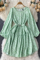 Elegant Lantern Sleeve Print Floral Casual A-line Dress With Belt