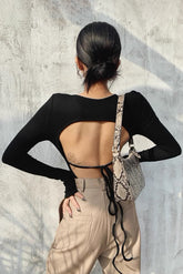 Backless Strap Tight Long Sleeve Elastic Bodysuit