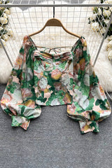 Floral Print Blouse Square Neck Long Lantern Sleeves Top Ladies Beach Vintage Blouse