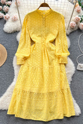 Embroidery Dress Lantern Sleeve Slim Hollow Out Ladies A Line Long Dress
