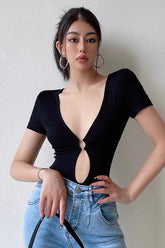 Hollow Short Sleeve Thin Deep V-Neck Bodysuit
