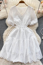 Dress Romantic Hollow Out Puff Sleeve Dress Elegant Buttons V-neck Lady Dress