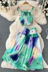 Tie Dye Print Short Strap Cami Tops + High Waist Skirts Beach Two Piece Suits