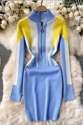 Knitted Sweater Dress Europe Style Zipper Collar Long Sleeve Casual Dress