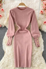Dress Elegant Puff Sleeve Slim Elastic Knitted Sweater Dress
