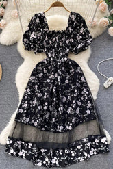 Dress Romantic Floral Print Mesh Patchwork Fake Two Piece Set