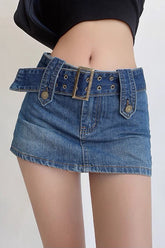 Vintage Wide Belt A-Line Denim Mini Skirt