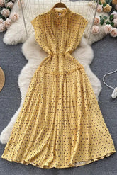 Dress Elegant Polka Dot Print Sleeveless High Waist Long Pleated Dress