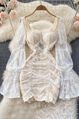 Elegant Dresses Lace Patchwork Lantern Long Sleeve Square Collar Femme Vestido See Through Dress