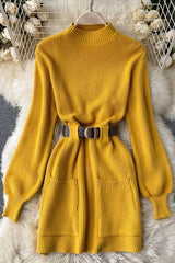 Sash Bandage Dress Elegant Puff Sleeve Knitted Short Dress