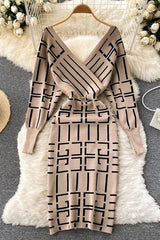 Knitted Dress V-neck Geometric Bodycon Sweater Dress
