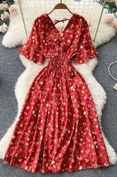 Floral Print Romantic Dress Slim Elastic Waist Long Dress