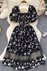 Dress Romantic Floral Print Mesh Patchwork Fake Two Piece Set