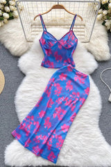 Print Beach Strap Camis Tops + Slim Wrap Hips Skirts Two Piece Suit