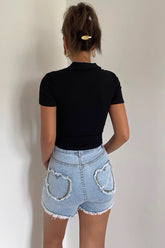 High Waist Heart Shaped Back Pocket Wrapped Hip Denim Shorts