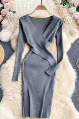 Lady Elegant V-neck Cross Slim Waist Dress Long Sleeve Knitted Sweater Dress