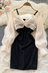 Splicing Mini Dress Puff Sleeve High Waist Party Dress