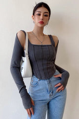 Square Neck Strap Slim Fit Long Sleeve Top Two Piece
