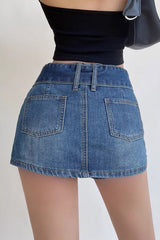 Vintage Wide Belt A-Line Denim Mini Skirt
