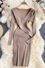 Lady Elegant V-neck Cross Slim Waist Dress Long Sleeve Knitted Sweater Dress