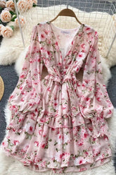 Dress V-neck Buttons Corset Floral Print Short Chiffon Dress
