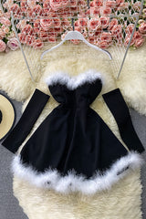 Furry Stitching Nightclub Off-Shoulder Backless Dress With Sleeves