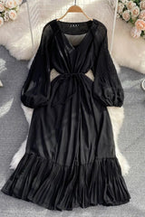 Dress Elegant Lace-up Ruffled Long Dress Lantern Sleeve Party Vestidos Dress