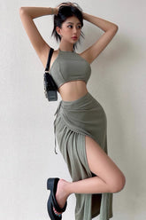 Open Umbilical Back Hanging Neck Tank Top Split Half Skirt Sunscreen Long Sleeve Cardigan Three Piece Set