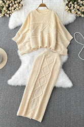 Dress Suits Batwing Sleeve Sweater Tops + High Waist Split Skirts Suits