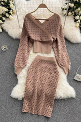 Comfy Dress Elegant Two Piece Set Knitted Tops And Pencil Skirts