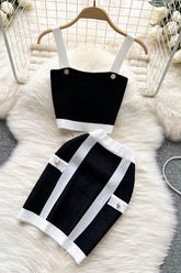 Knitting Two Piece Sets Dress Straps Crop Tops + High Waist Wrap Hips Mini Skirts