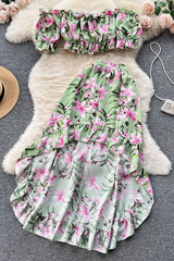 Dress Sets Off Shoulders Floral Print Crop Tops High Waist Ruffled Skirts Suits