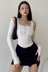 Square Neck Strap Slim Fit Long Sleeve Top Two Piece