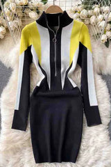 Knitted Sweater Dress Europe Style Zipper Collar Long Sleeve Casual Dress