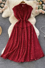 Dress Elegant Polka Dot Print Sleeveless High Waist Long Pleated Dress