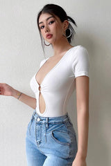 Hollow Short Sleeve Thin Deep V-Neck Bodysuit