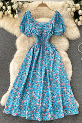 Dress V-Neck Puff Sleeve Floral Print Elastic Corset Dress