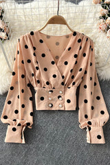 Polka Dot Shirts Vintage Double Breasted Long Sleeve Slim Tops