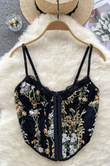 Embroidery Strap Camisole Retro Elastic Lace Backless Slim Tank Tops