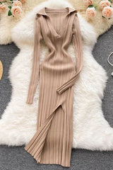 Split Fancy Dress Slim Elastic Wrap Hips Knitted Dress
